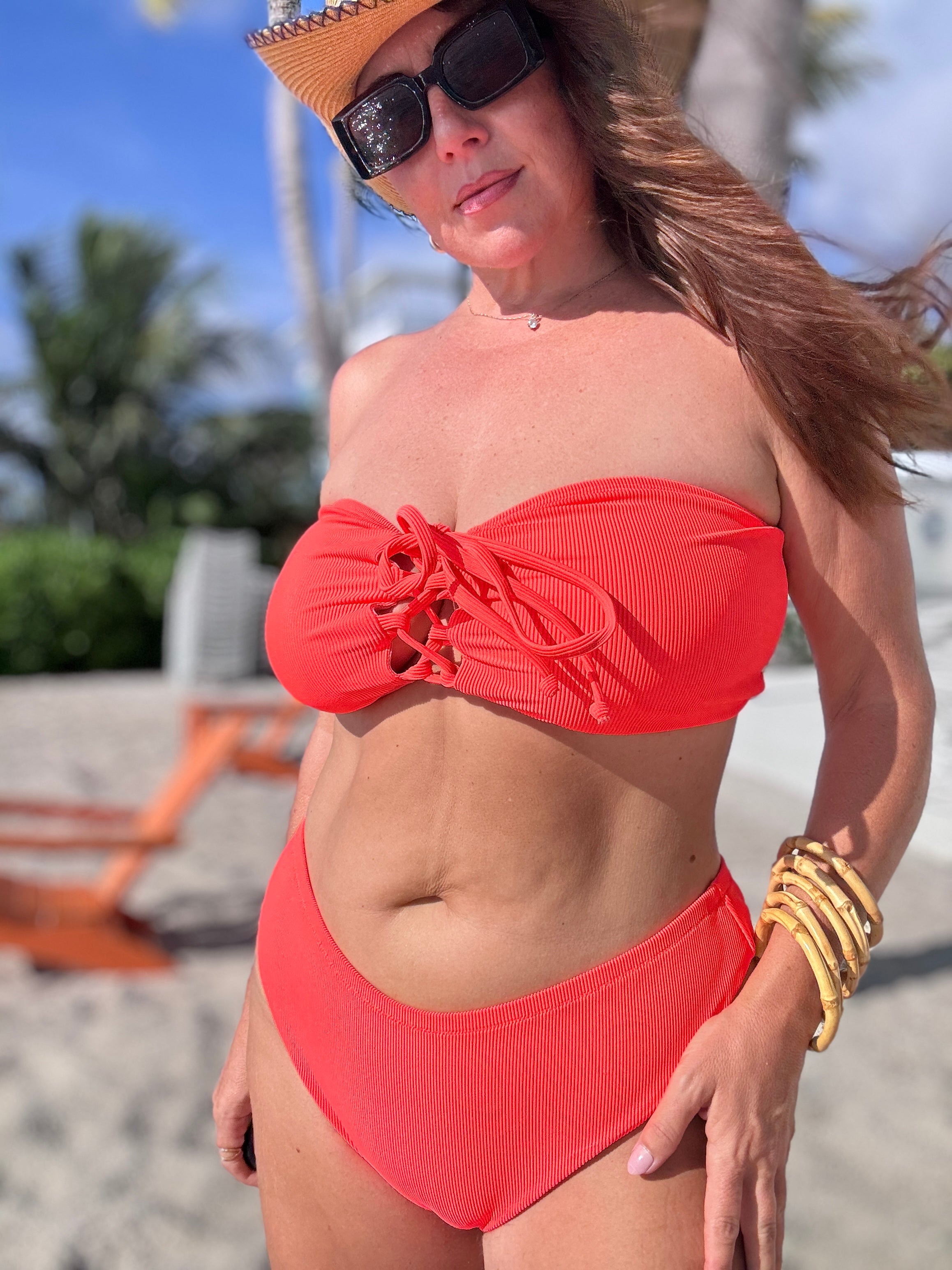 Acid Coral Rib Bandeau Bikini Top final sale