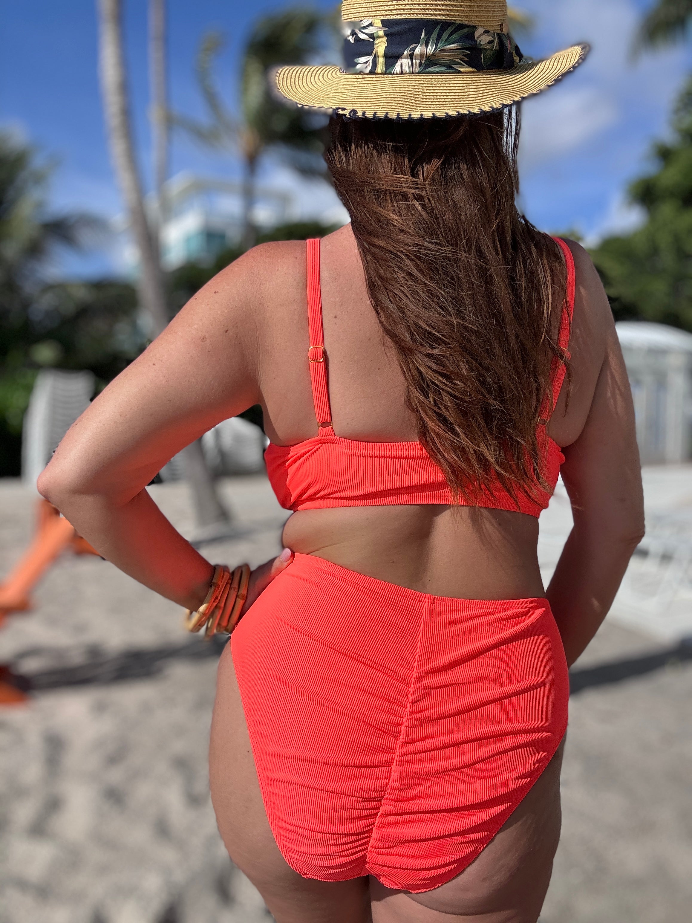 Acid Coral Rib Scoop Top Bikini final sale