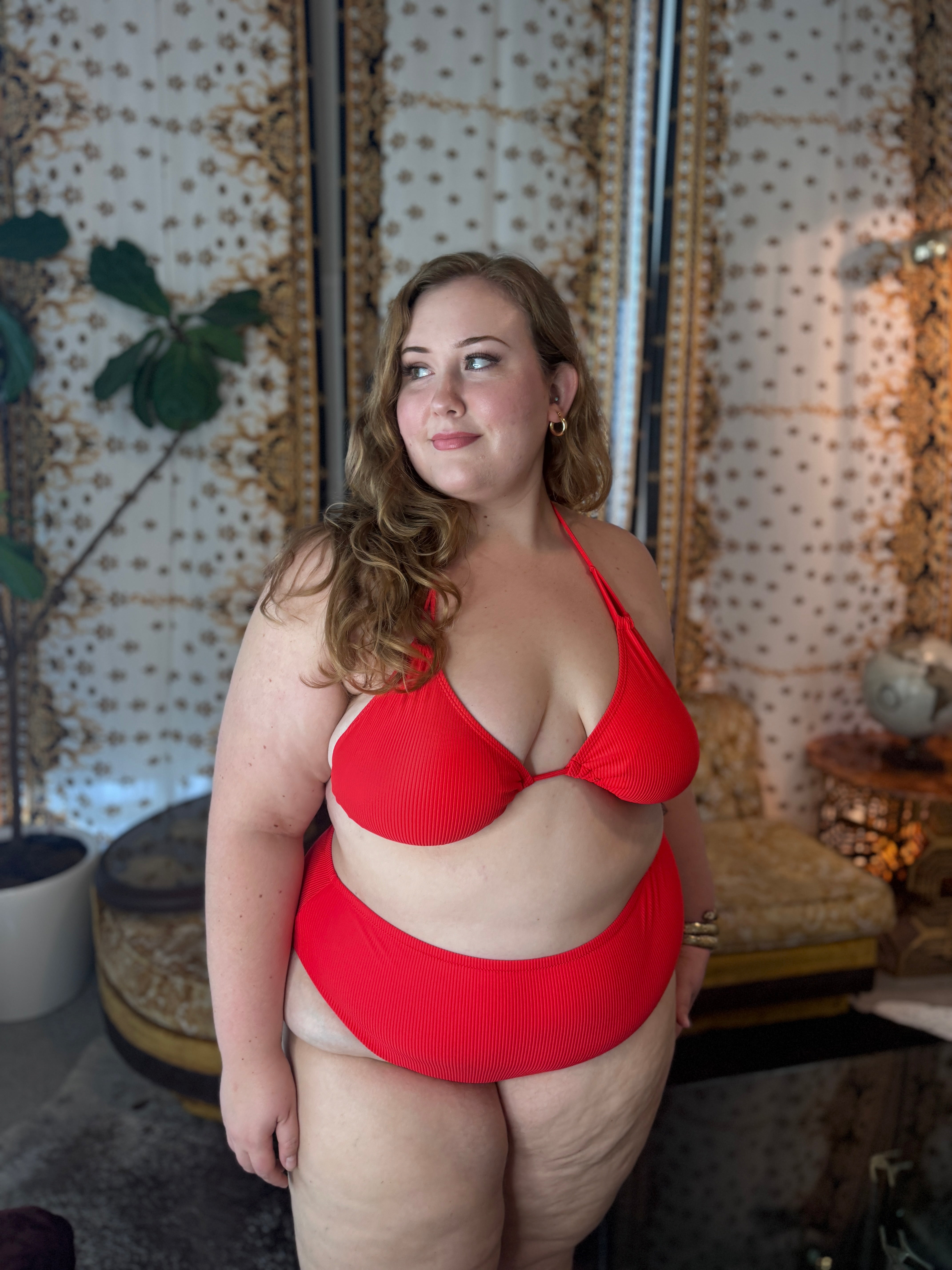 Racy Red Rib High Waist Cheeky Bottom