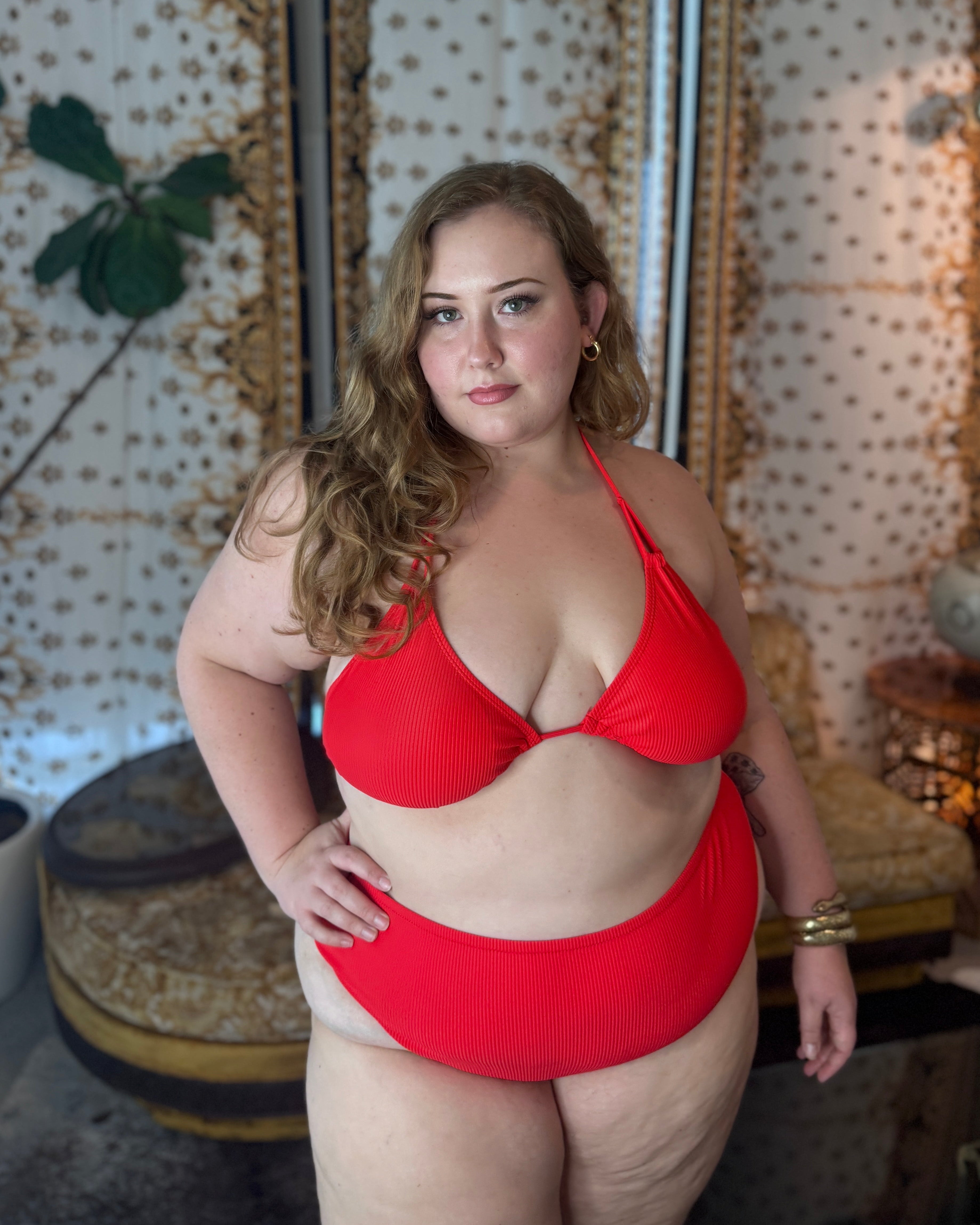 Racy Red Rib High Waist Cheeky Bottom