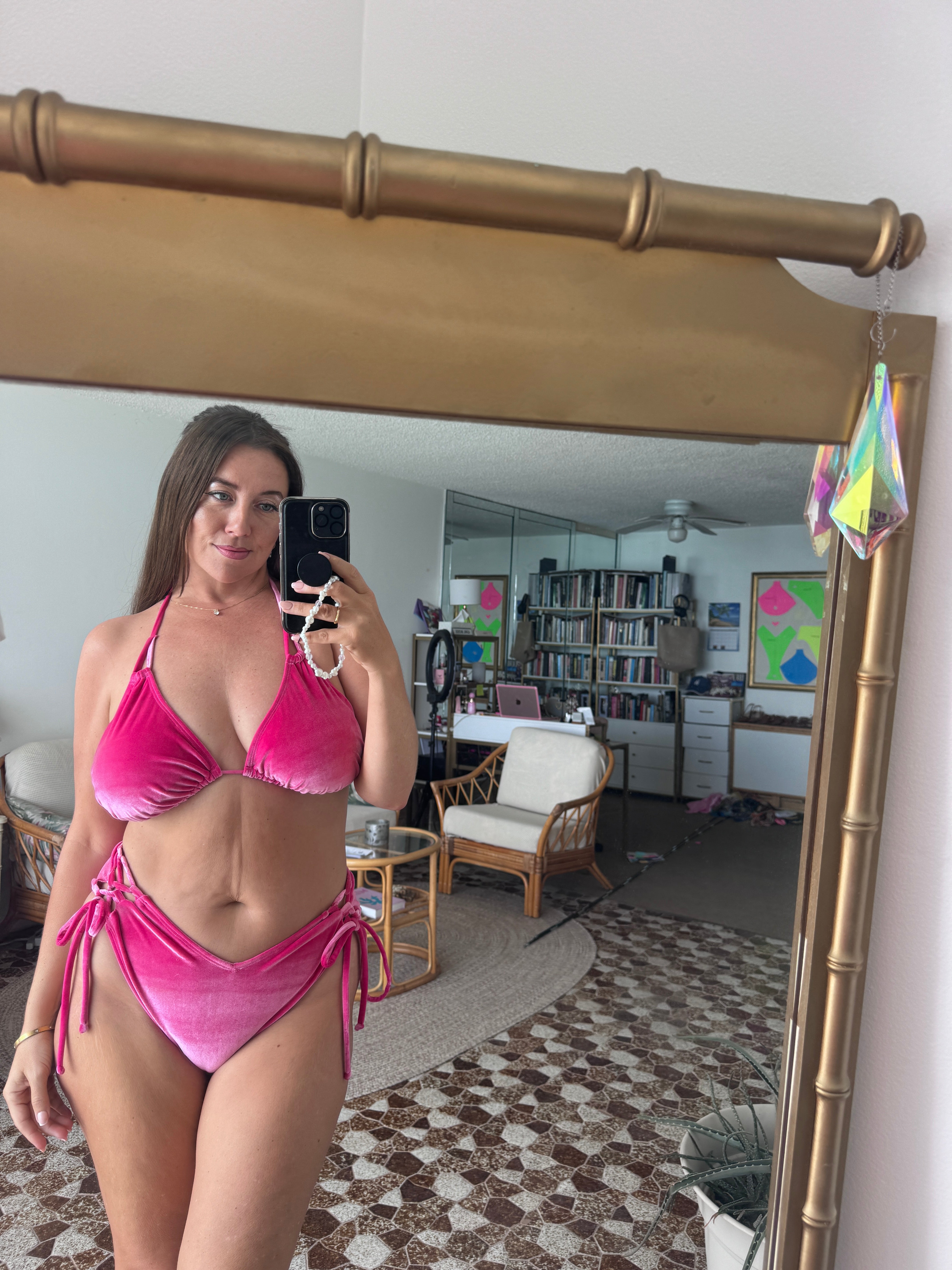 Tickle Me Pink Velvet Triangle Bikini Top