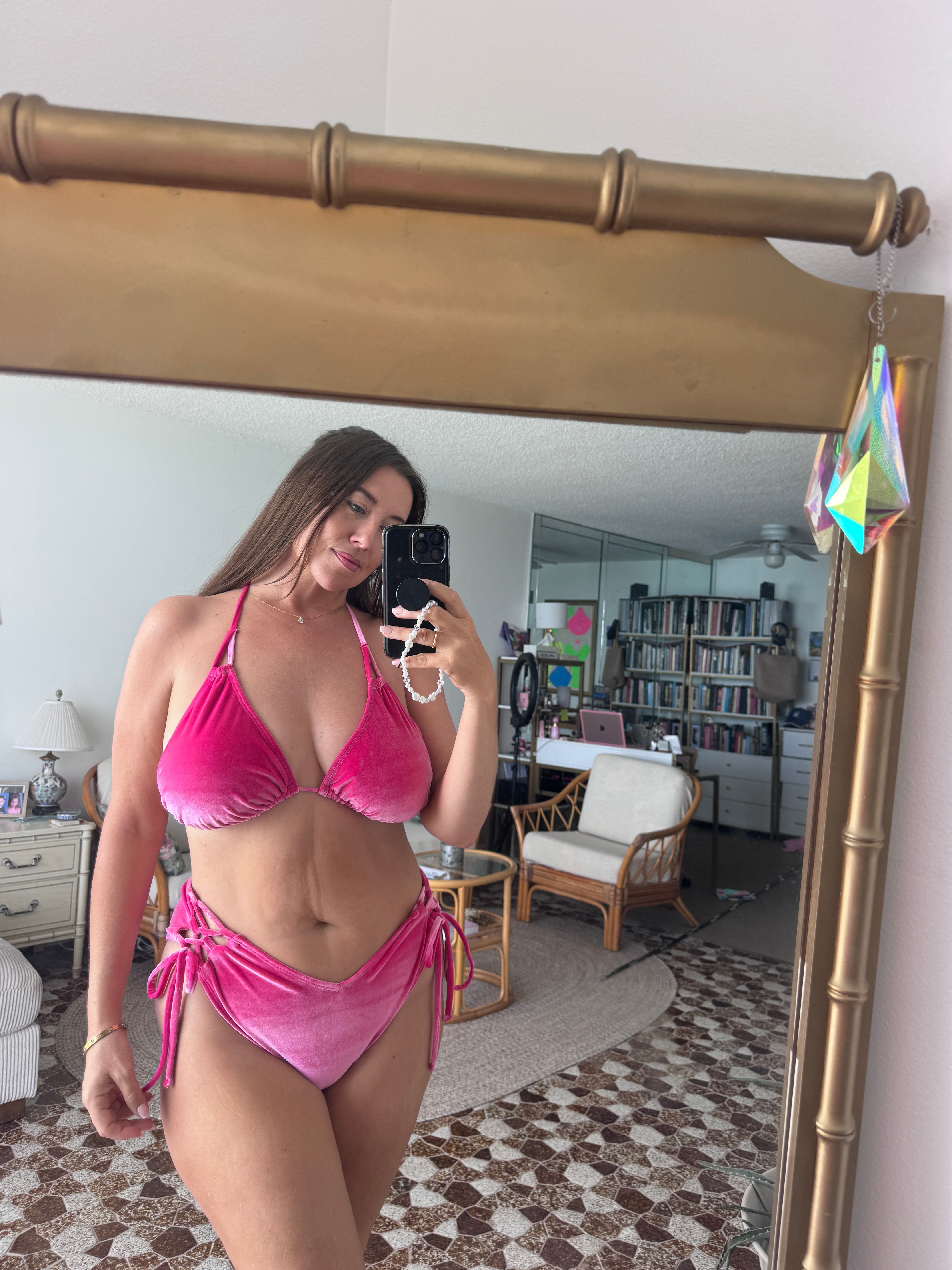 Tickle Me Pink Velvet Side Tie Bikini Bottom