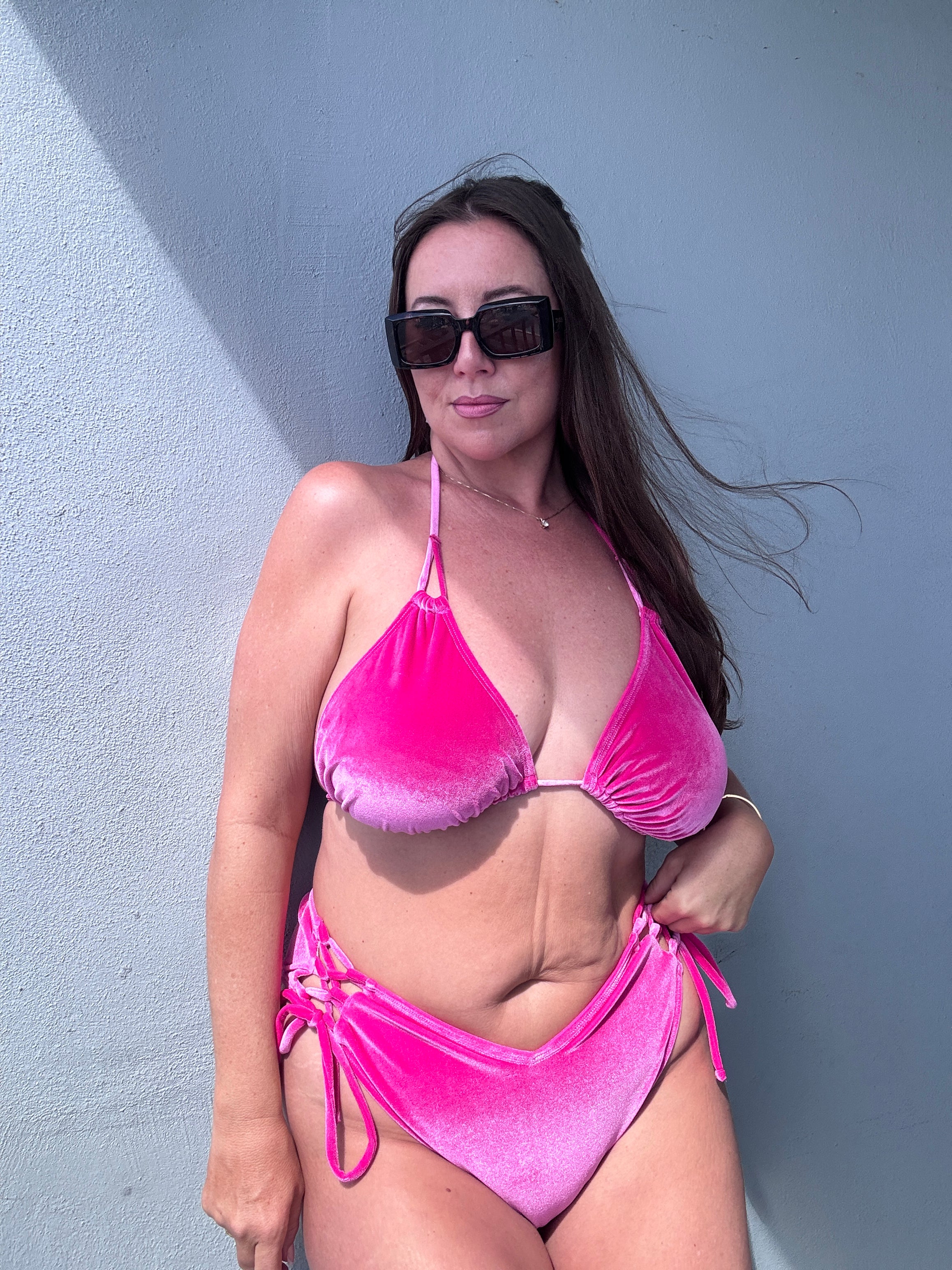 Tickle Me Pink Velvet Triangle Bikini Top