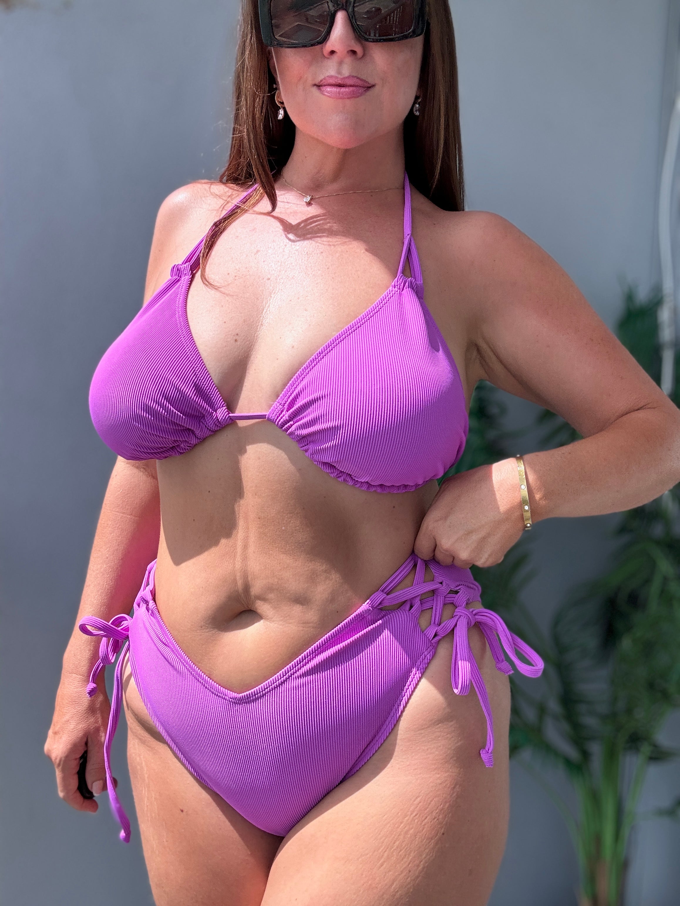 Neon Purple Rib Side Tie Bikini Bottom
