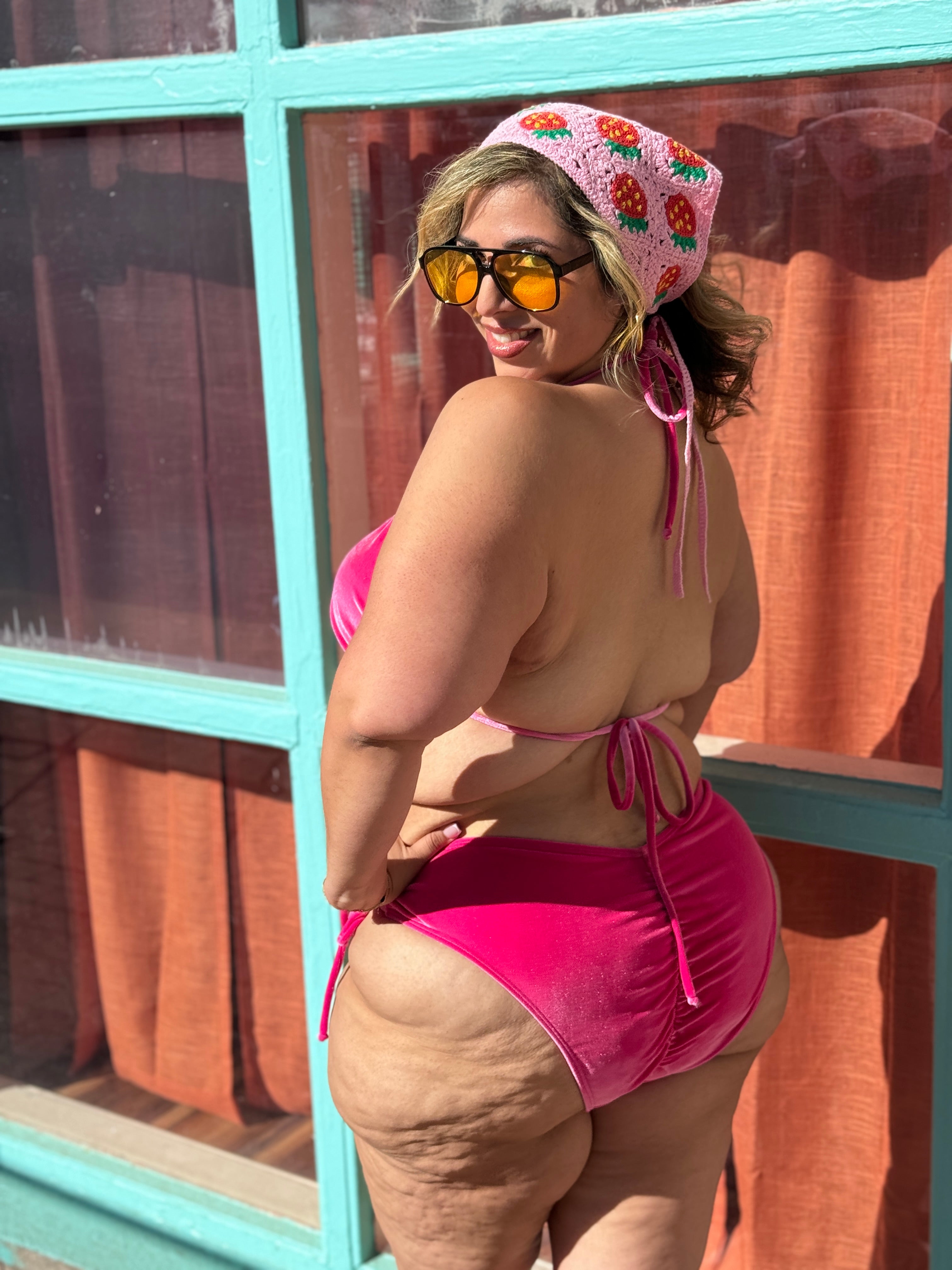 Tickle Me Pink Velvet Side Tie Bikini Bottom
