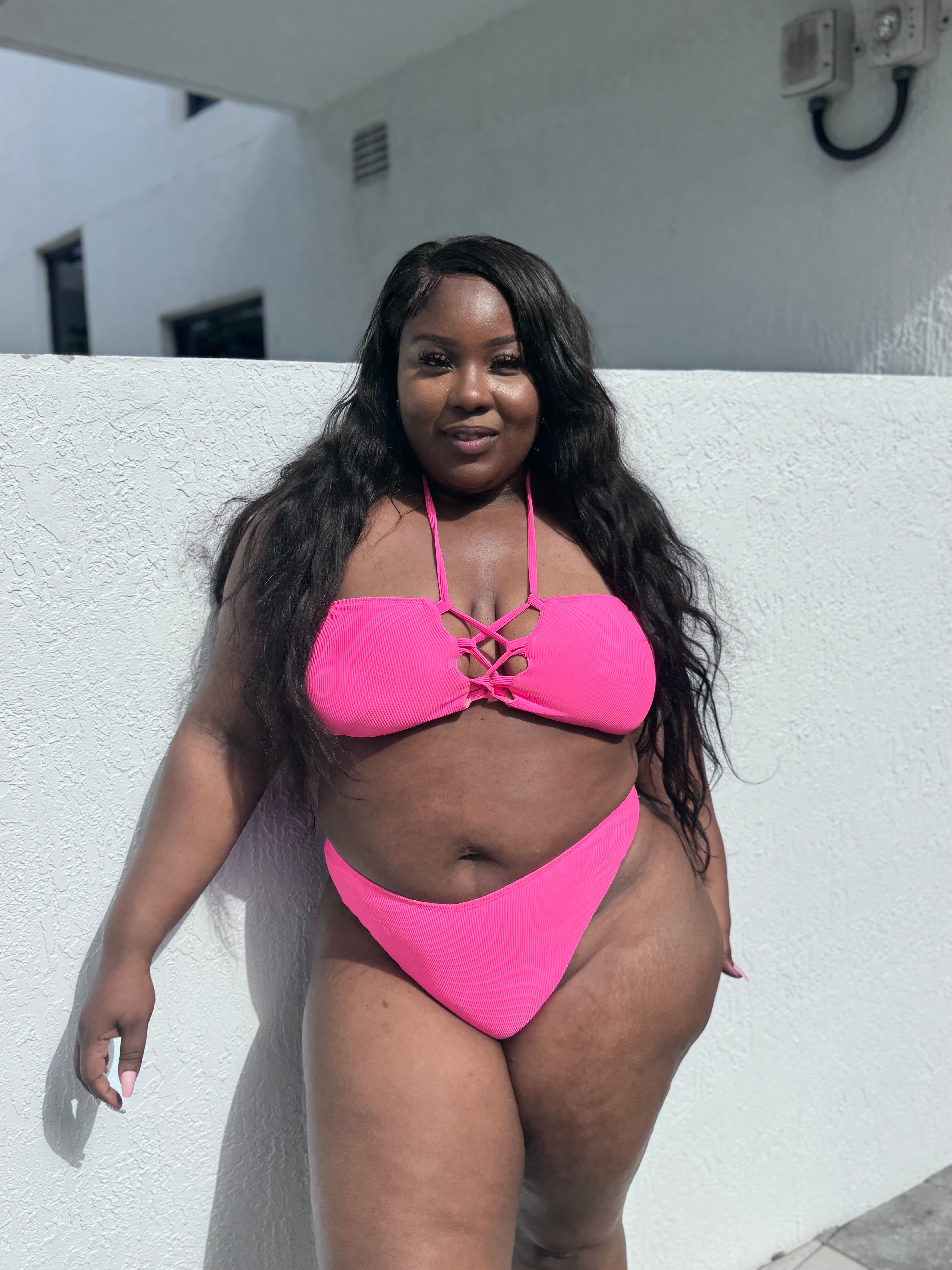 Hot Pink Rib Bandeau Bikini Top