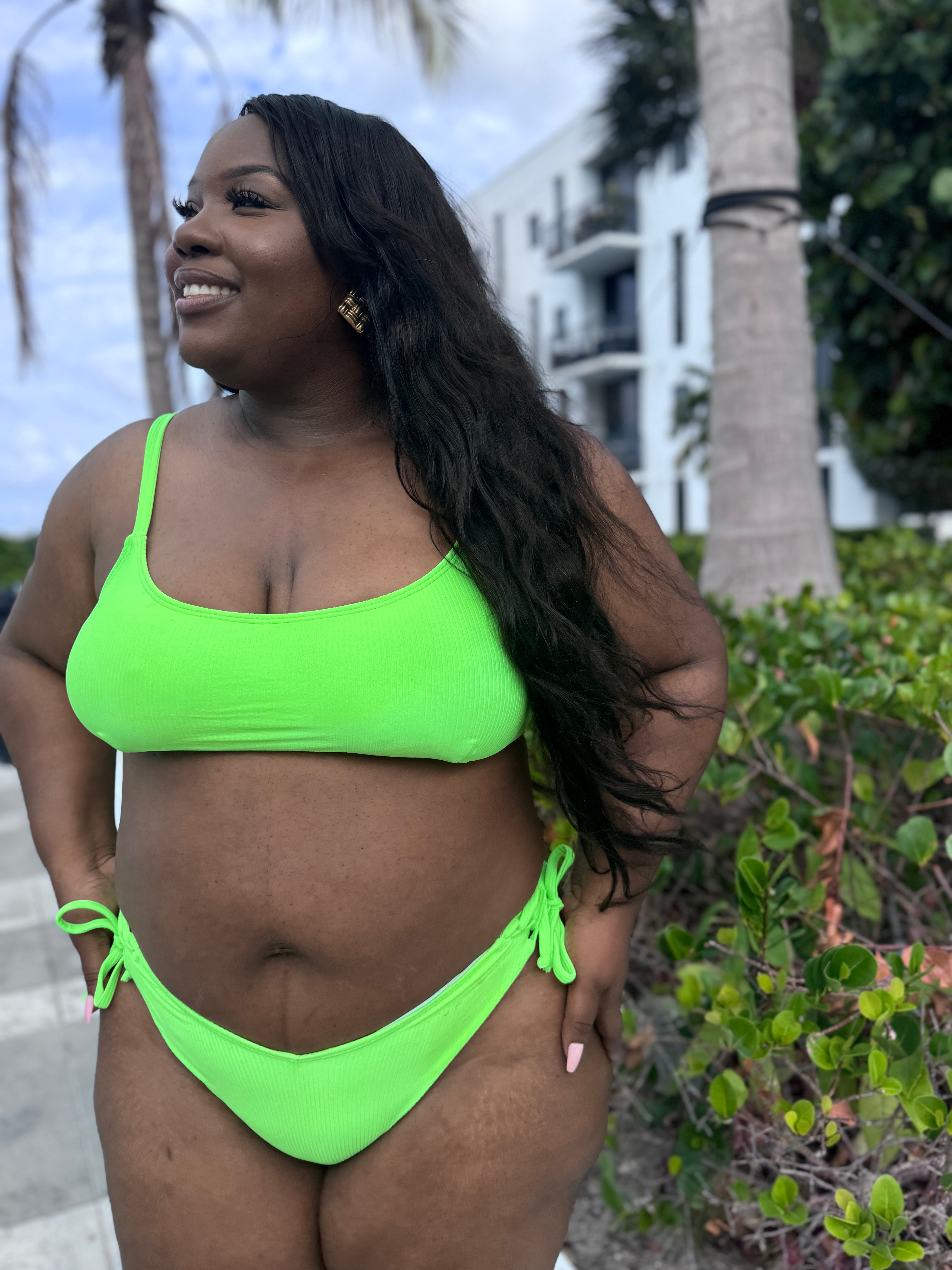 Neon Green Rib Side Tie Bikini Bottom